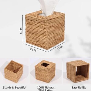 Rattan Tissue Box Cover, Square Hand Woven Natural Wicker Tissue Box Holder, Decorative Facial Napkin Holder Tissue Box Organizer Dispenser | Natural