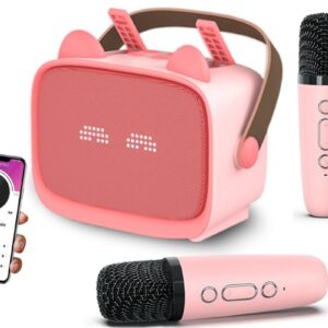Mini Karaoke Machine Toys Gifts Portable MP3 Player with 2 Wireless Microphone - Pink